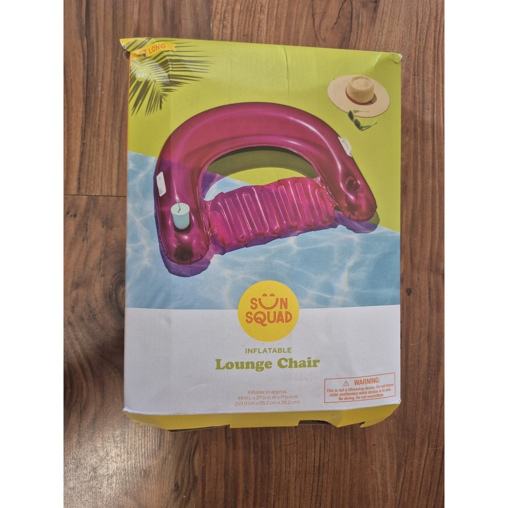 NEW Pink Sun Squad Inflatable Lounge Chair Built in Cup Holders 4ft S15